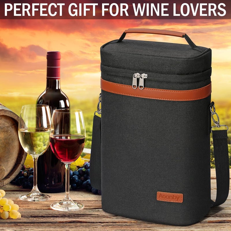 Aoonby 2 Bottle Wine Bag Wine Cooler Carrier Wine Gift Tote Bag, Leakproof & Insulated Bottle Bags for Travel, BYOB, Beach, Dinner, Party, Christmas Gifts for Wines Lovers Women Men - Black - Image 5